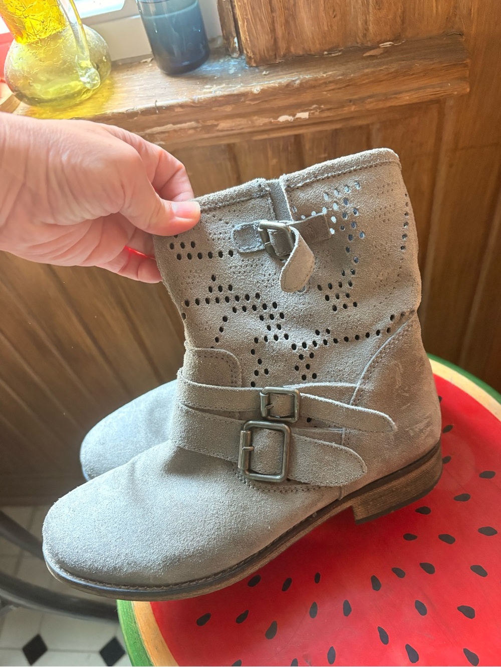 MTNG Taupe Suede Perforated Ankle Boots with Buckles